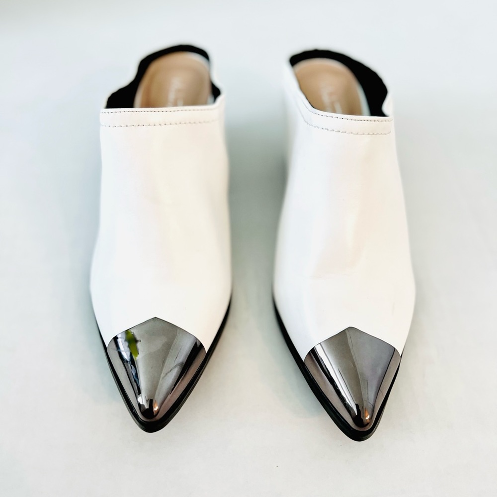 White Steele Faux Leather Heeled Mules. Size 8